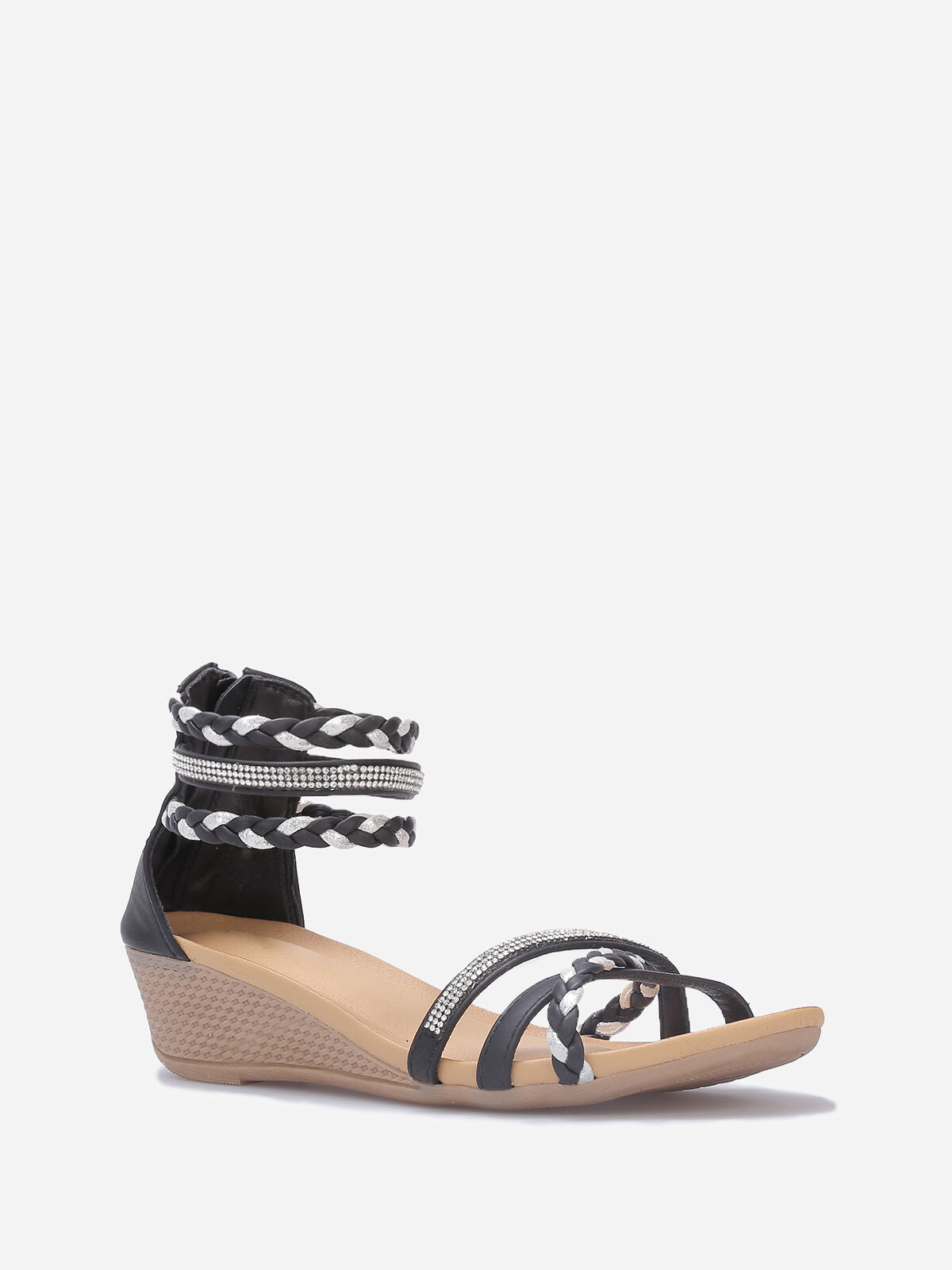 Sandales compensées avec brides à strass- Noir
