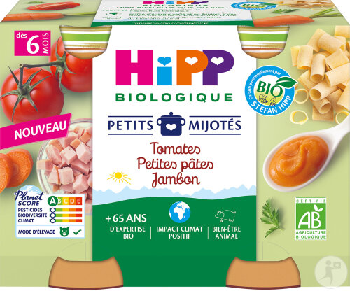 HiPP Biologique Petits Mijotés Tomates Petites Pâtes Jambon Dès 6 Mois Pots 2x190g