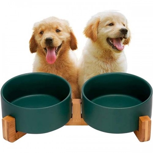 Comedouro duplo Edipets em porcelana e bambu verde para animais de estimação.