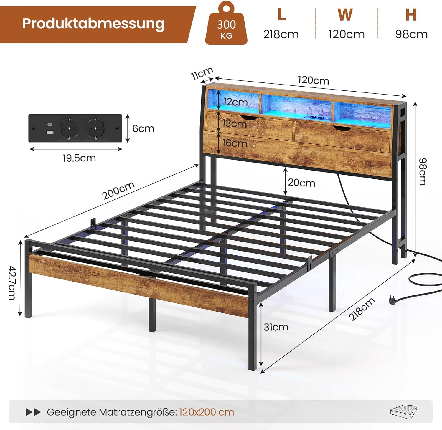 Bett 120x200 mit Lattenrost aus Metall Bettrahmen mit LED Beleuchtung und Steckdose, Bettgestell 120x200 cm mit Holzkopfteil, 2 Schränke mit Türen, Jugendbett mit Stauraum, Modern, Braun