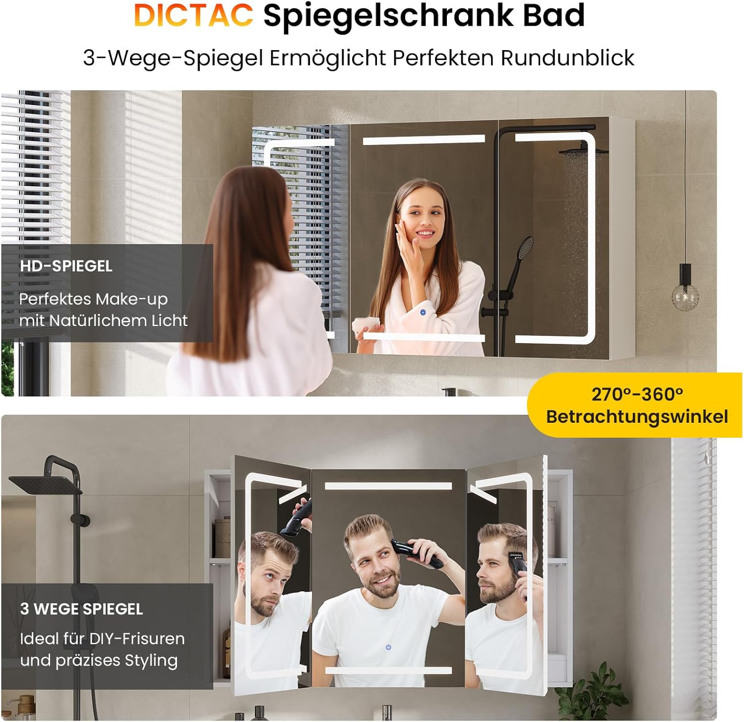 DICTAC Spiegelschrank Bad mit Beleuchtung und Steckdose Badezimmerschrank mit Spiegel und Verstellbares Regal,Badezimmer Spiegelschrank mit 3 Türen,Wandschrank,Hängeschrank,Badspiegel,100x60x16cm,Weiß