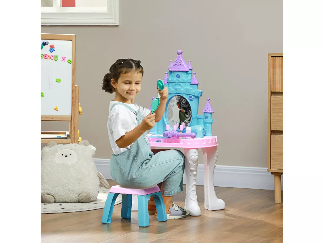 Ensemble coiffeuse tabouret enfant design château - nombreux accessoires - effets lumineux sonores - bleu blanc rose
