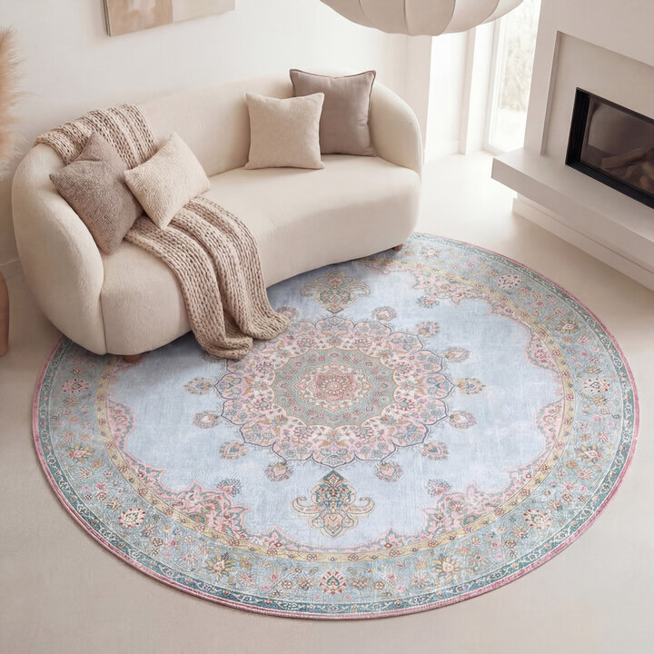 Rond vintage vloerkleed - Lily Medaillon Lichtblauw | Fleurig