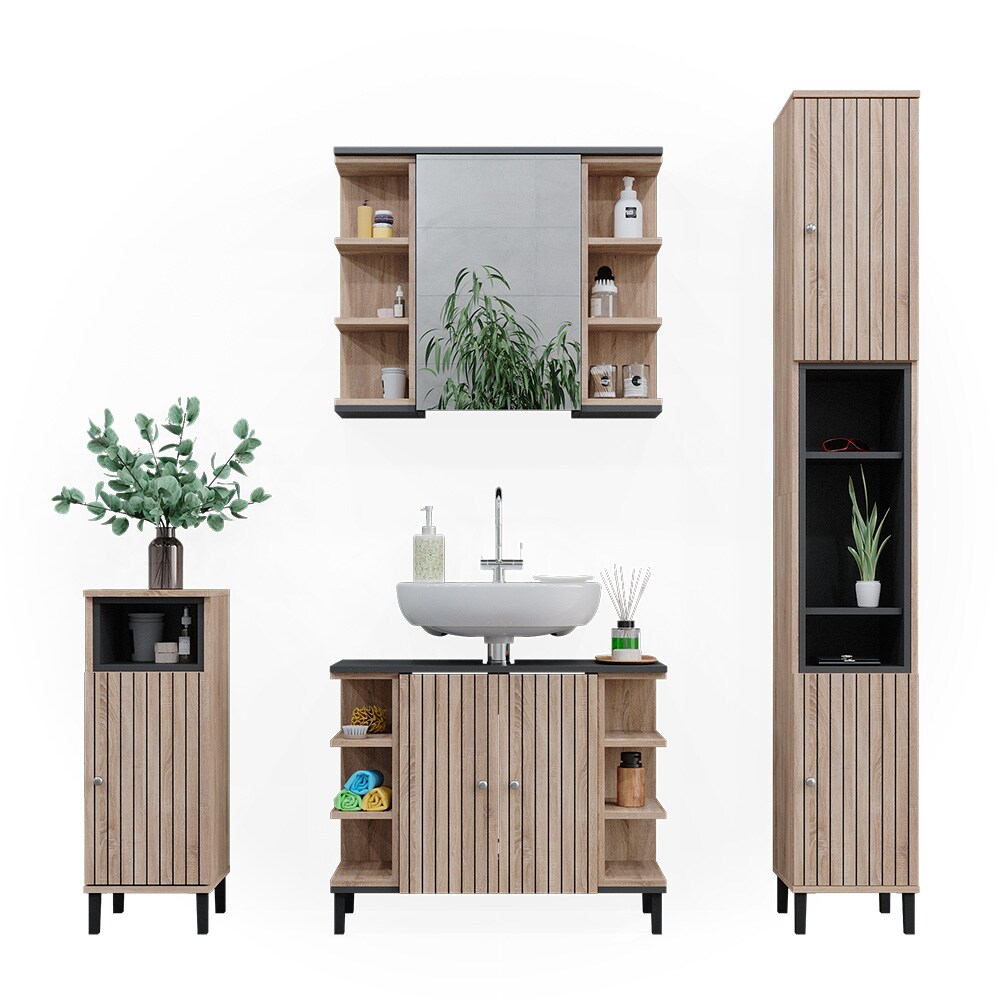 Vicco Badmöbel-Set Aquis, Sonoma Anthrazit, Badezimmer, moderne Badserie, Waschtischunterschrank, Spiegelschrank, Midischrank, Hochschrank