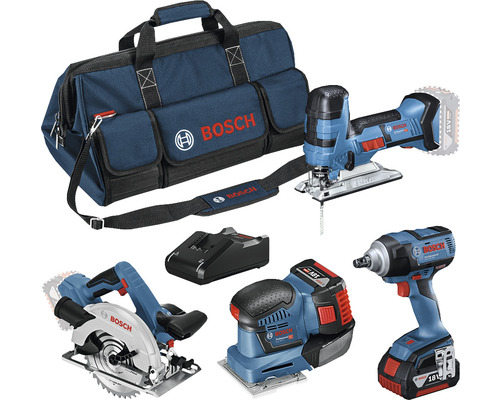 18V Professional Set Bosch Professional Houtset Accu Slagschroevendraaier GDS 18V-300 + Accu Cirkelzaag GKS 18V-LI + Accu Decoupeerzaag GST 18 V-LI + Accu Excenterschuurmachine GSS 18V-10 incl. 2 Accu's (5,0 Ah), Lader en Tas