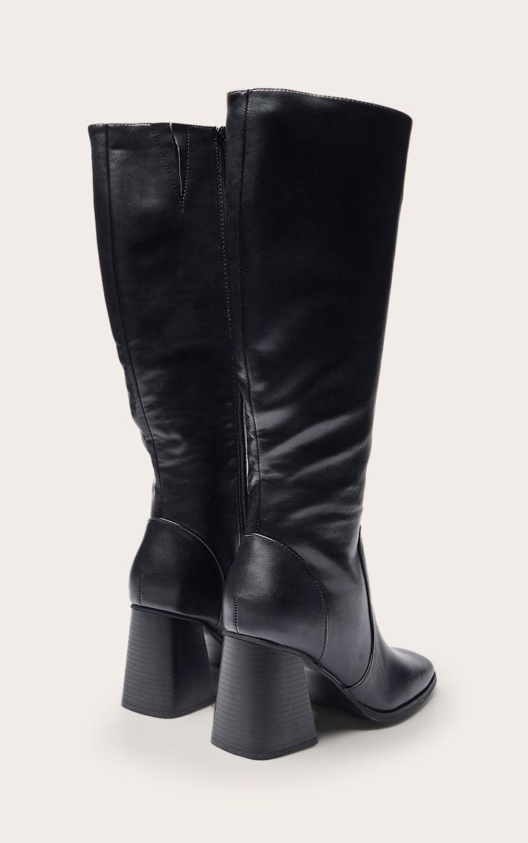 Noir Bottes Hautes Au Genou À Talon Bloc Évasé Et Bout Carré En Synthétiquecuir
