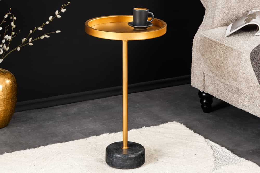 Runder Beistelltisch TRAYFUL 60cm gold Eisen schwarzer Marmorfuß handmade