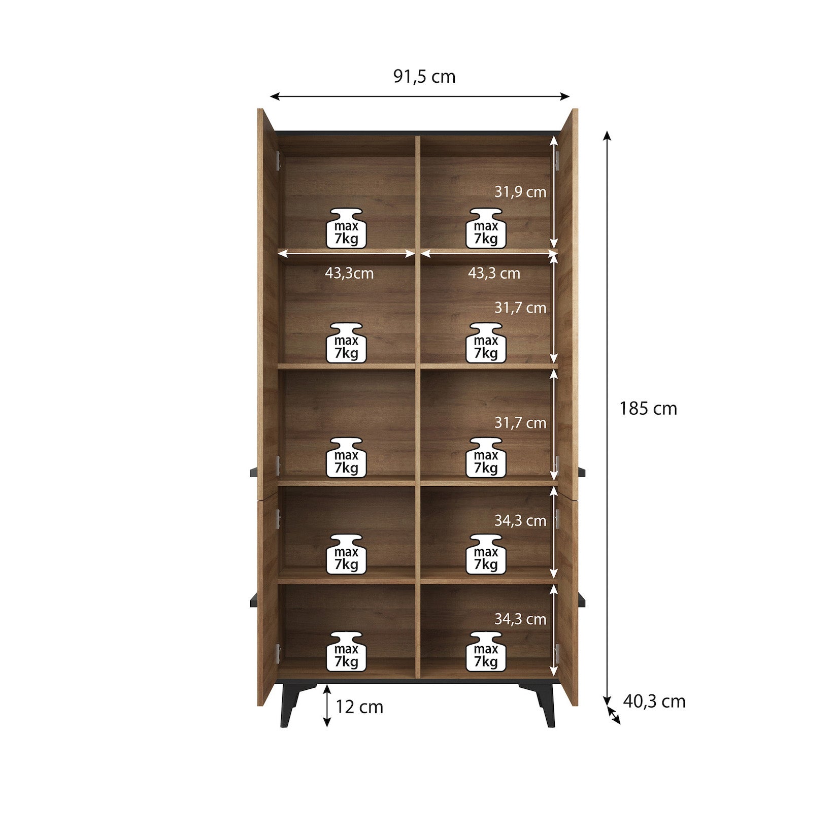 Meubella - Opbergkast Frey - Licht eiken - Zwart - 91 cm