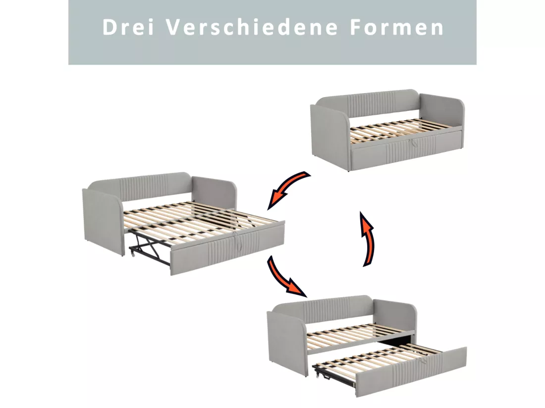 Lit gigogne 90-180x190cm, canapé-lit capitonné à rayures verticales, avec sommier à lattes, sans matelas, tissu en lin, gris clair