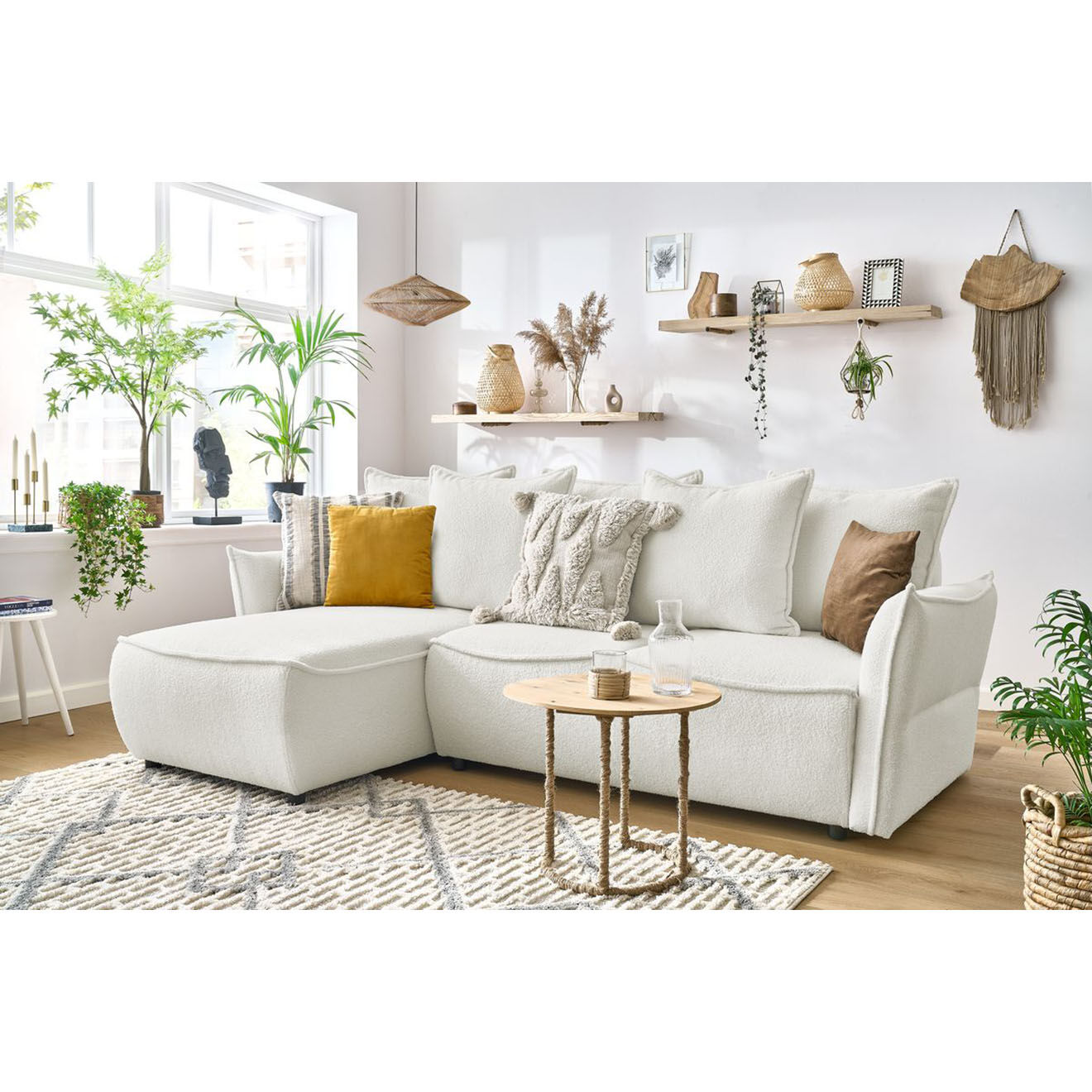 Bobochic Canapé d'angle gauche convertible bouclette Léon blanc - 242x158x90 cm