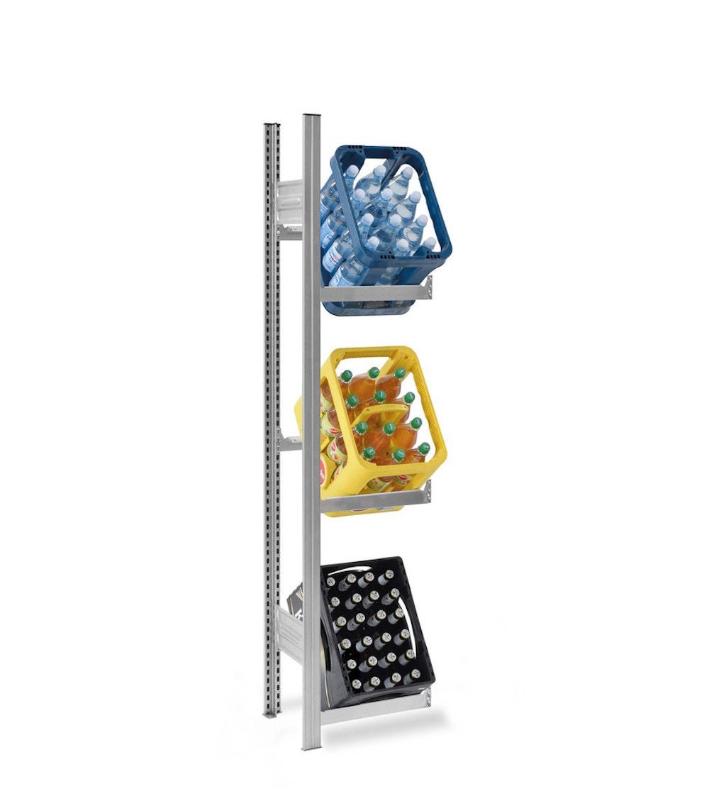 PROREGAL Drankkrattenrek, insteeksysteem, T-profiel, opzetplank, HxBxD 175 x 50 x 30 cm, plankbelasting 100 kg, 3 niveaus voor 3 drankkratten, verzinkt