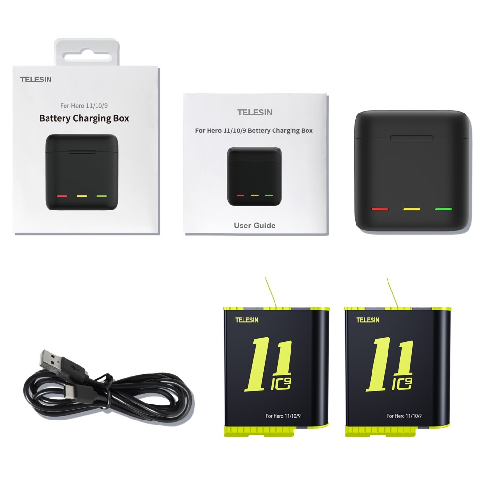 GoPro Hero 12 / 11 / 10 / 9 3-fach USB Akku Box Ladegerät inkl. 2 Batterien   Micro SD Kartenfach - Schwarz