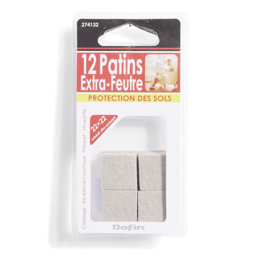 Lot de 12 patins en feutre adhésif ultra puissant - 22x22 mm