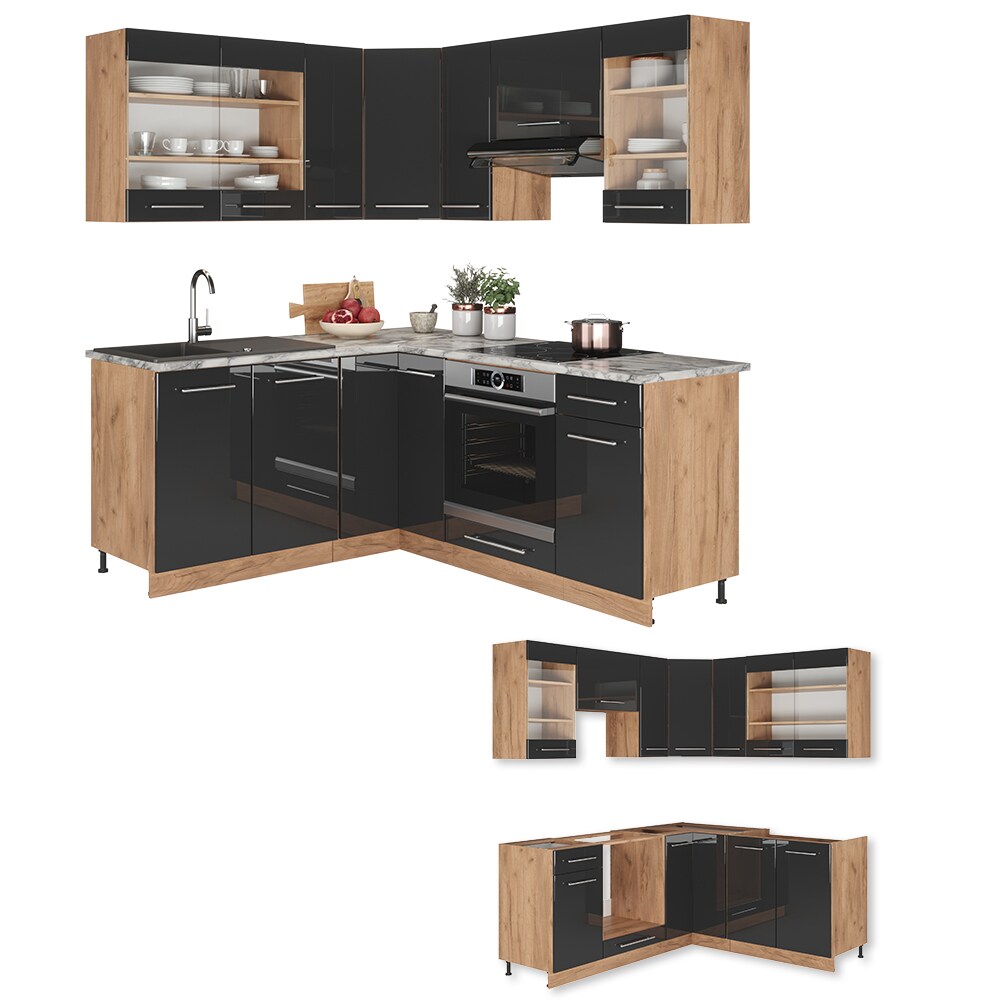 Vicco Eckküche Küchenzeile Einbauküche Fame-Line Eiche Anthrazit 190 cm modern Schubunterschrank Spülenunterschrank Eckunterschrank Herdumbauschrank Hängeglasschrank Hängeschrank Hochglanz