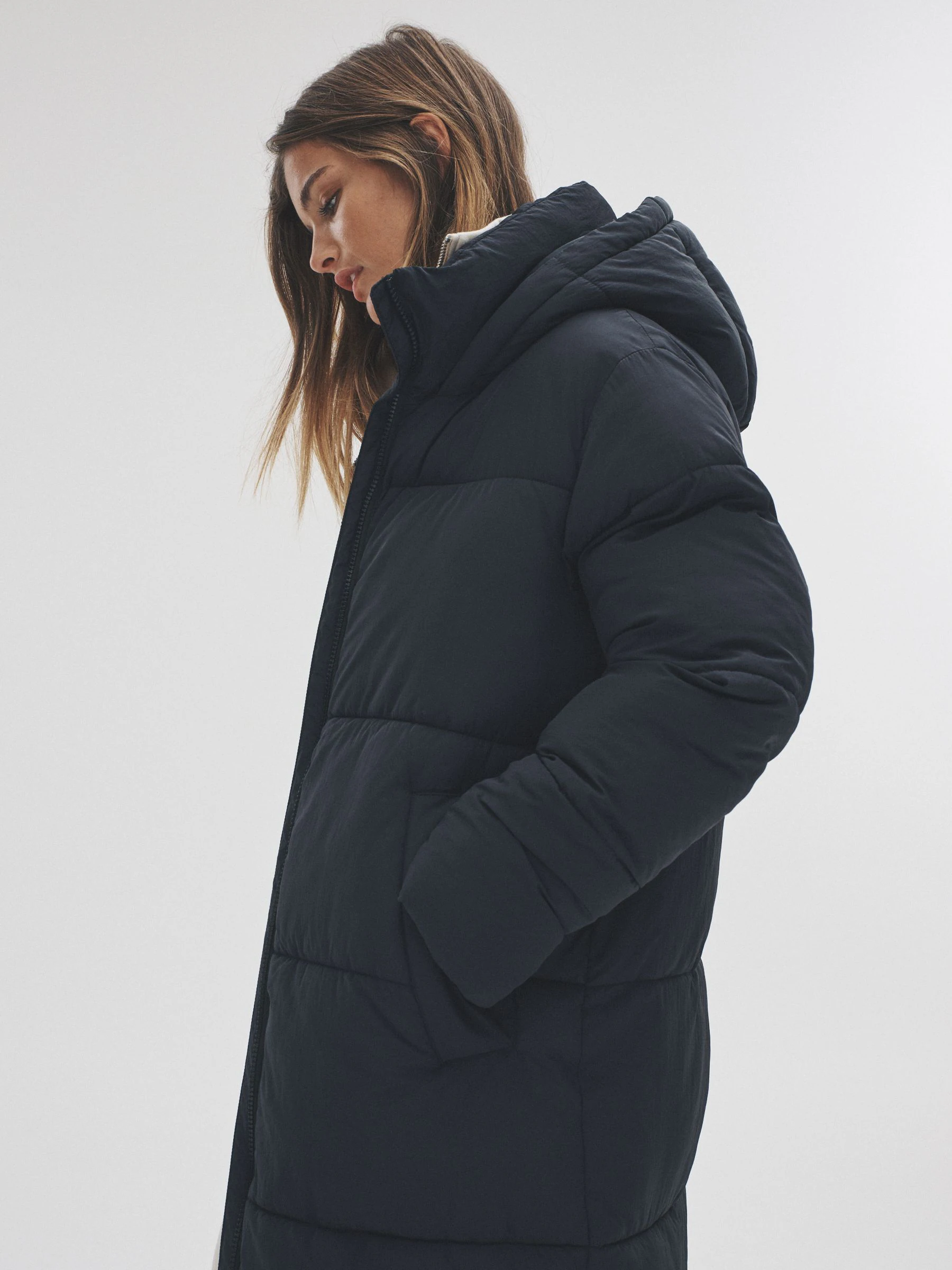 Zwart - The Set lange gewatteerde maxi-jas met capuchon