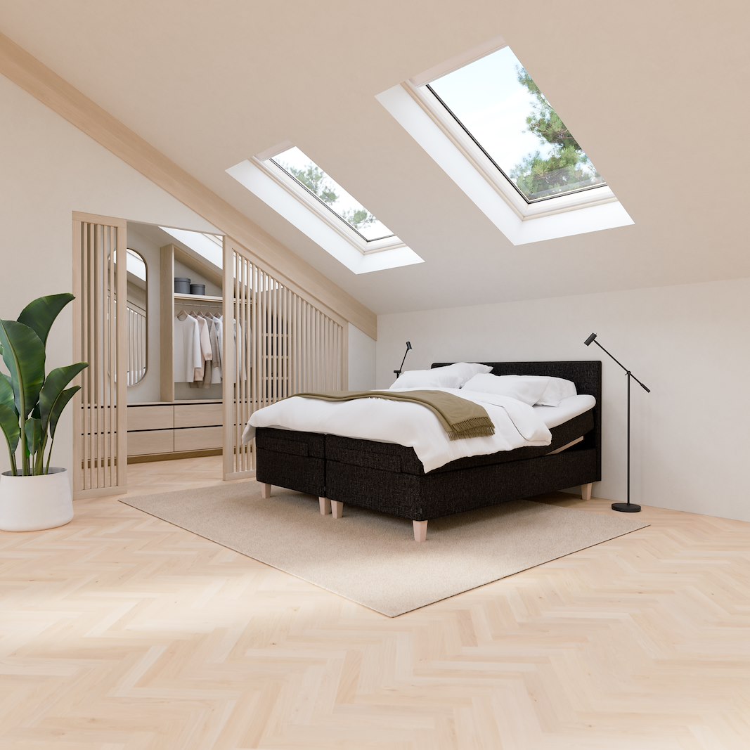 Onyx Dream  regulerbar seng 90x200 cm Tekstil 271 antrasitt, medium, sleep I overmadrass og Kantet konet 14 cm hvitvasket ben