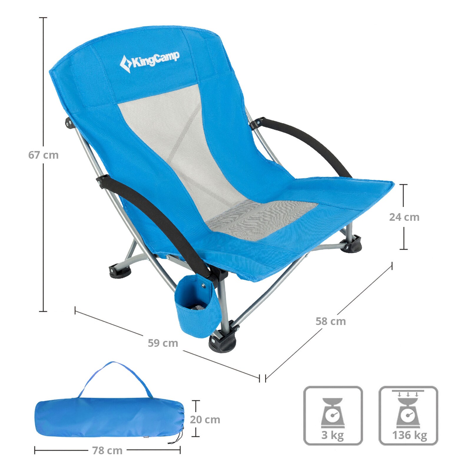 KINGCAMP Strand Liege Stuhl Camping Klapp Falt Sessel Niedrig Garten Stahl 136kg Farbe: Royal Blue