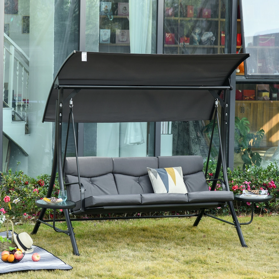 Outsunny 3-Sitzer Hollywoodschaukel mit verstellbarem Sonnendach grau, schwarz