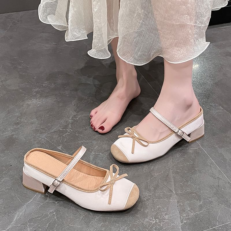 Nikao - Cap Toe Bow Chunky Heel Mules