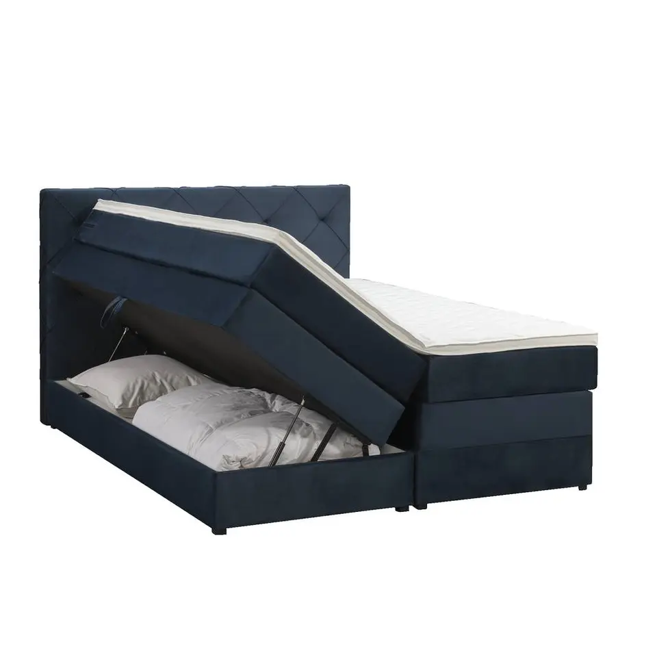 Boxspring met opbergruimte Liv geruit - blauw - 180x200 cm