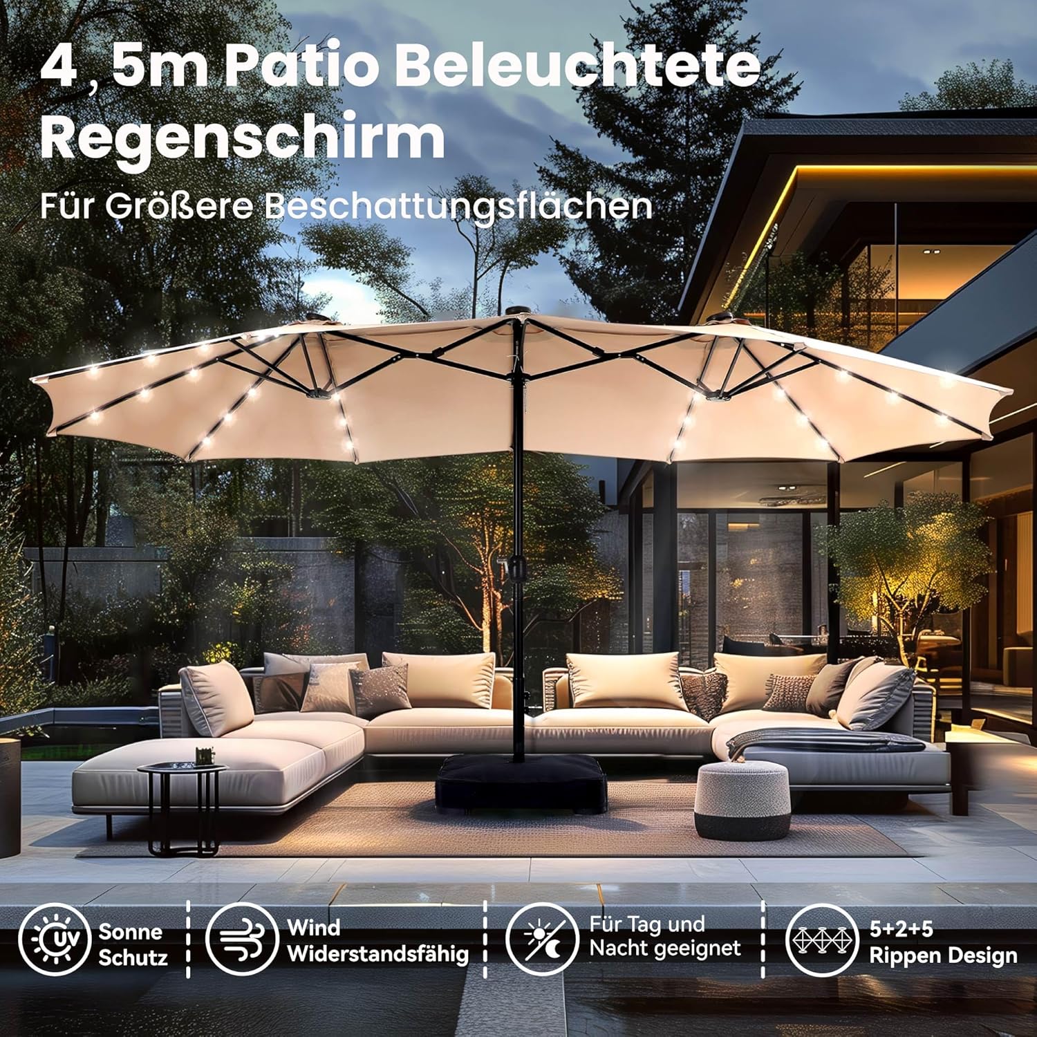 PHI VILLA Sonnenschirm Rechteckig mit Ständer Groß 450×270cm für Garten Terrasse Gartenschirm mit LED Kurbel UV Schutz Parasol Windfest