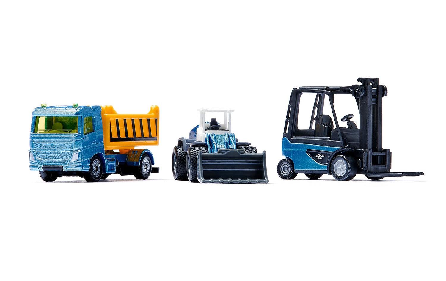 Baustellen-Set 3 FahrzeugeSiku Super Geschenkset mit Radlader, Muldenkipper und Gabelstapler