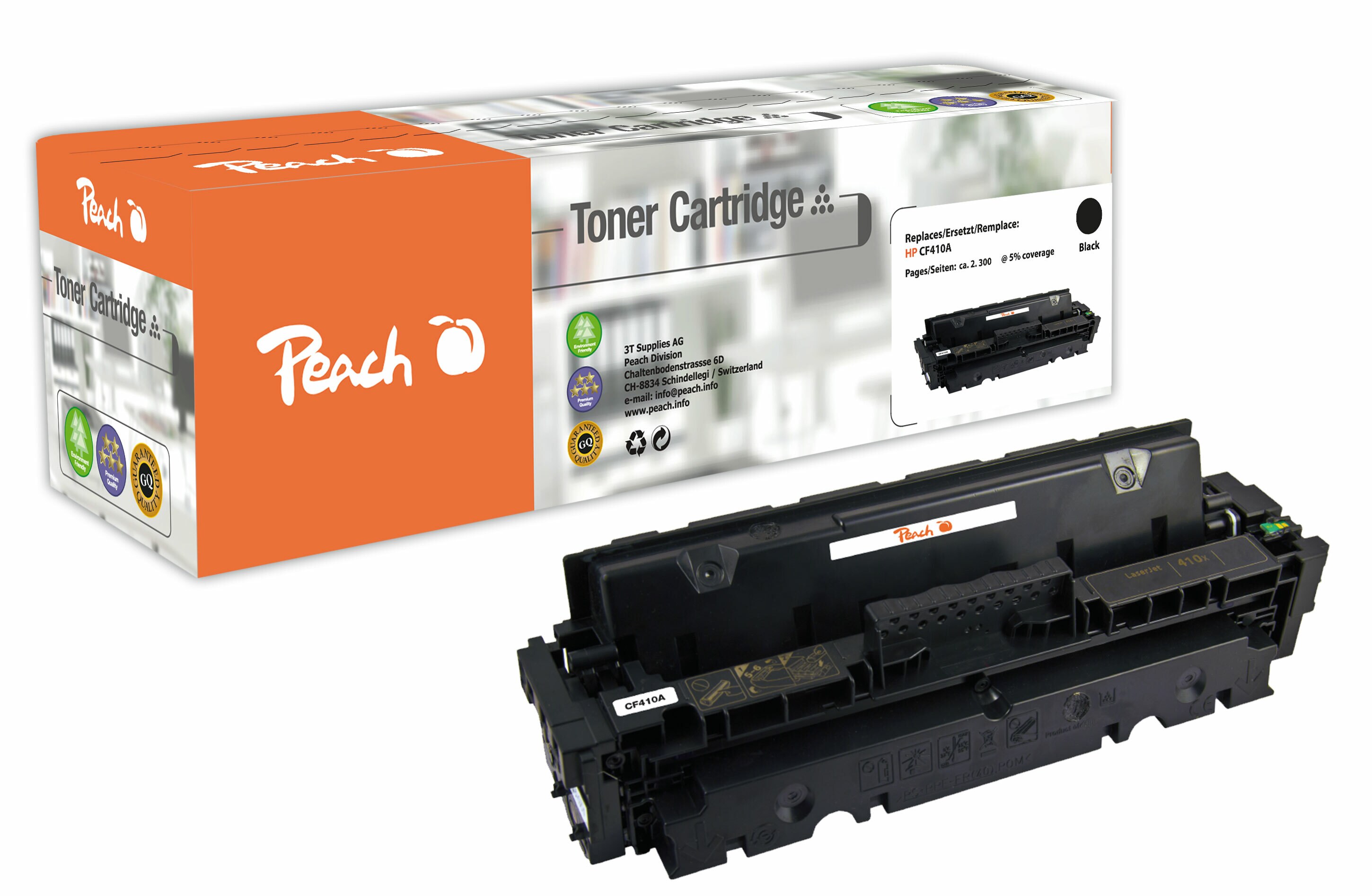 Peach HP 410 ABK Toner bk ersetzt HP No. 410A BK, CF410A für z.B. HP Color LaserJet Pro M 452 nw, HP Color LaserJet Pro MFP M 477 fdw (wiederaufbereitet)