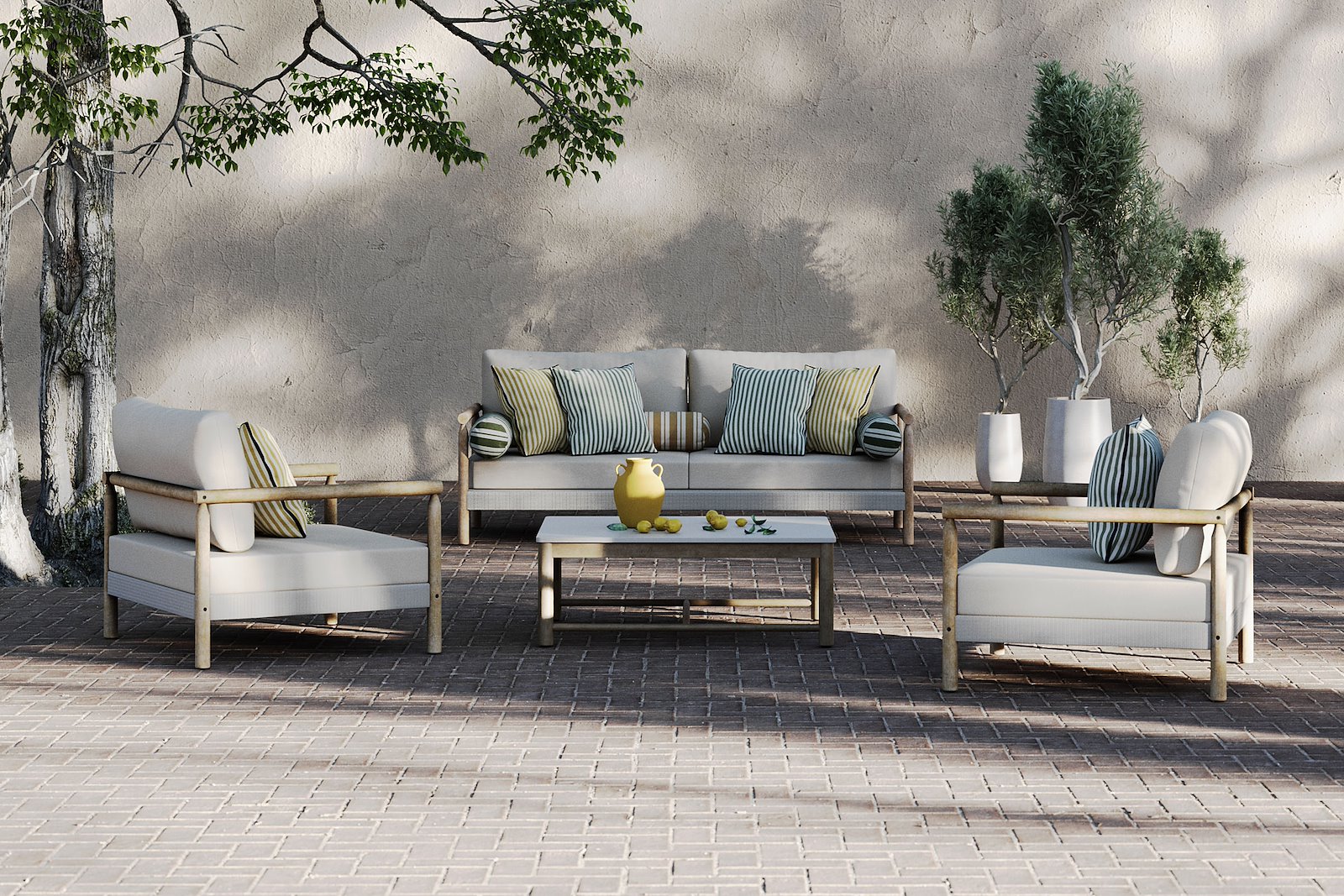 Berga loungestol Hagestol i heltre teakfarget acasie ramme og puter med beige tekstil.