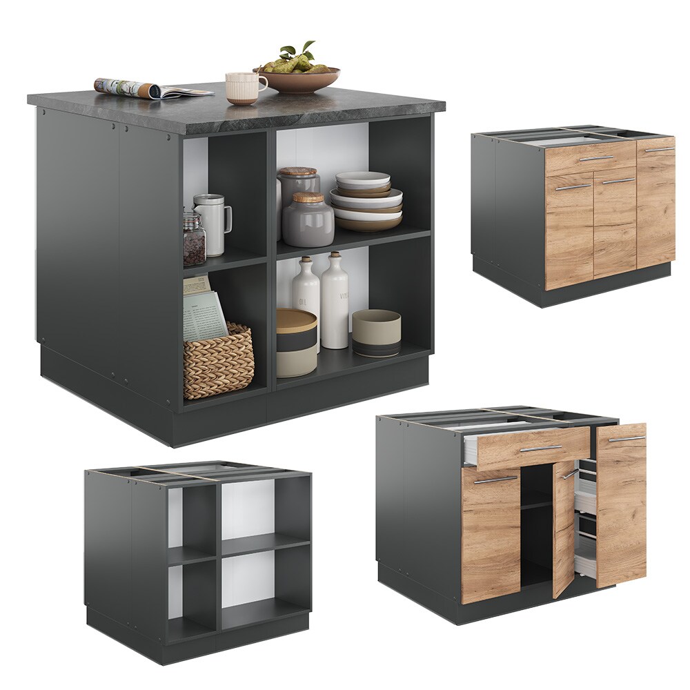 Vicco Kücheninsel Küchenblock Einbauküche Fame-Line Anthrazit Eiche Goldkraft 90 cm modern Hochglanz Küchen Schränke Apothekerunterschrank Schubunterschrank Regalinselunterschrank Softclose-Scharnier Küchenmöbel