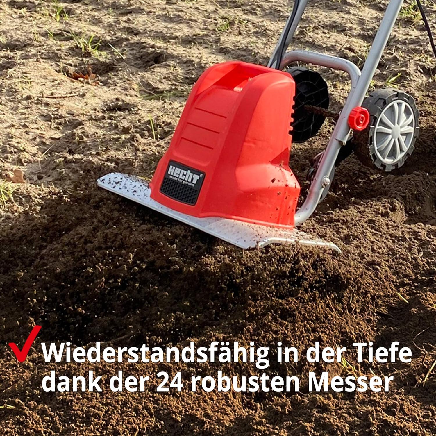 HECHT Elektro Bodenhacke für effektive Bodenbearbeitung – 1500 Watt – 24 Messer – elektrische Gartenfräse – Gartenhacke – Kultivator – zum umgraben und lockern vom Boden für perfekte Pflanzen (Rot)