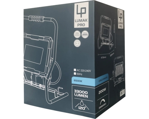LUMAK PRO LED werklamp, 4-staps dimbaar met standaard, IP54, 200 W, 33000 lm, 6500 K, 5,0 m stroomkabel 3G1,5 mm² H07RN-F met stekker + 2x USB-uitgang + 1x geaard stopcontact