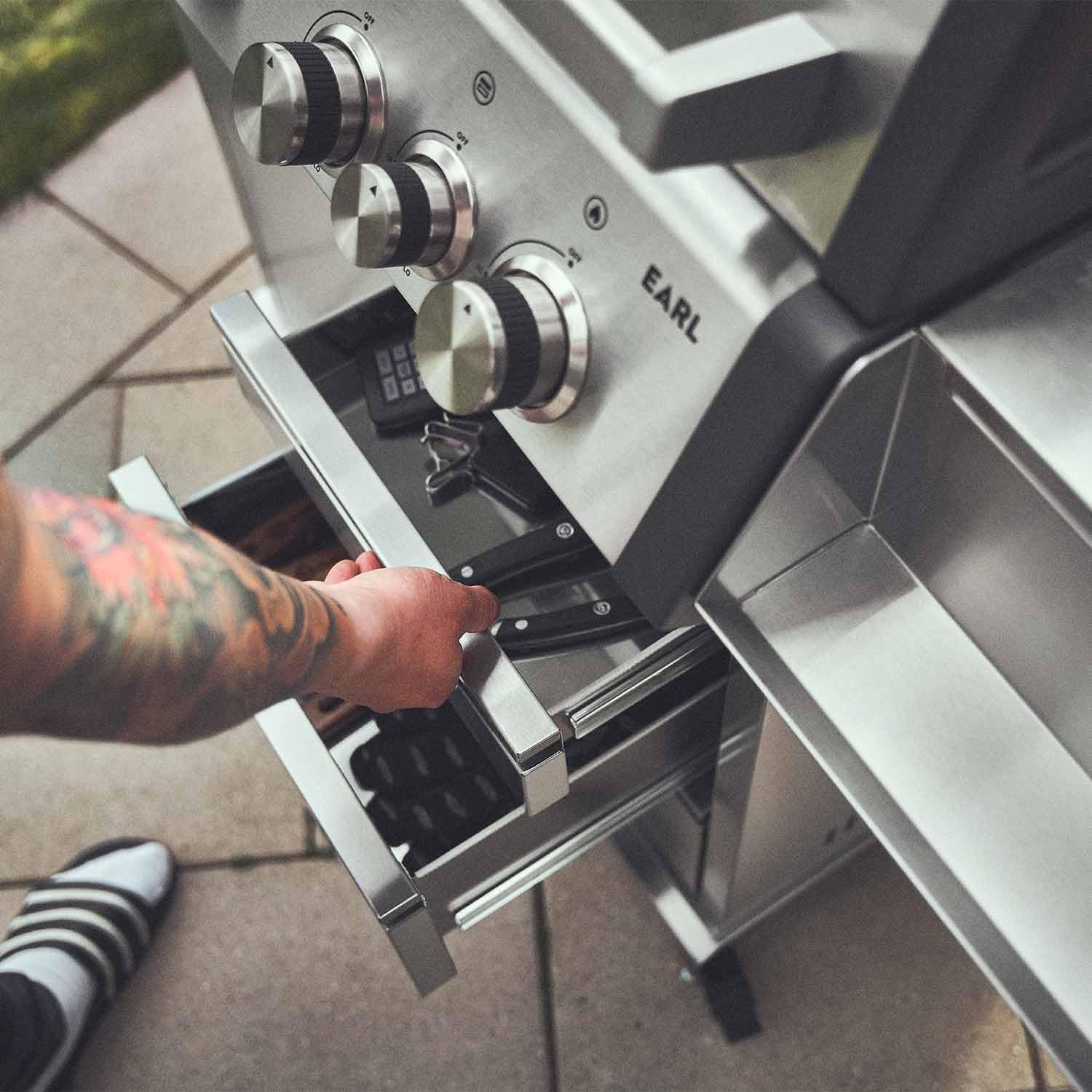 BURNHARD® 3-Brenner Gasgrill Edelstahl inkl. Heckbrenner, mit Gusseisen Grillrost & inkl. stabiler Abdeckhaube, Seitenkochfeld mit Infrarot Keramikbrenner - EARL