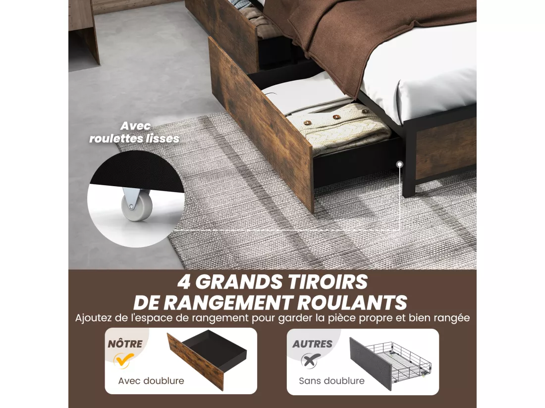 Cadre de Lit 140x200CM pour Adulte avec Éclairage LED et 2 Ports & Prise de Courantet, Sommier à Latte en Métal avec 4 Tiroirs à roulettes, Mode Musique, Lit Simple Double pour Chambre