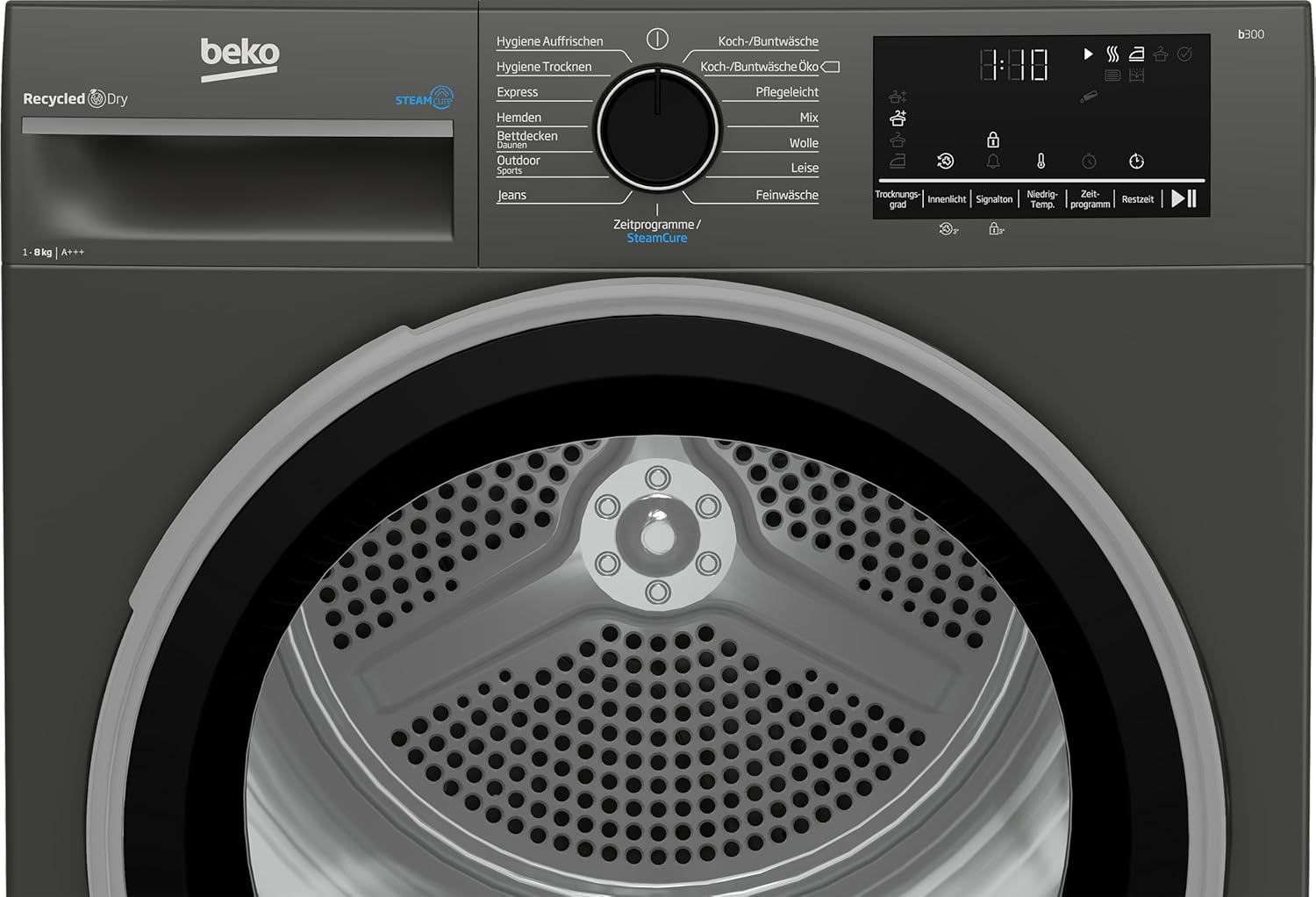 Beko B3T22491M Wäschetrockner Serie b300, 8 kg, Frontlader, Wärmepumpentrockner, 15 Programme, Sensortrocknung, Dampffunktion, Silent-Programm, Allergikergeeignet, Säulenfähig, Manhattan Gray