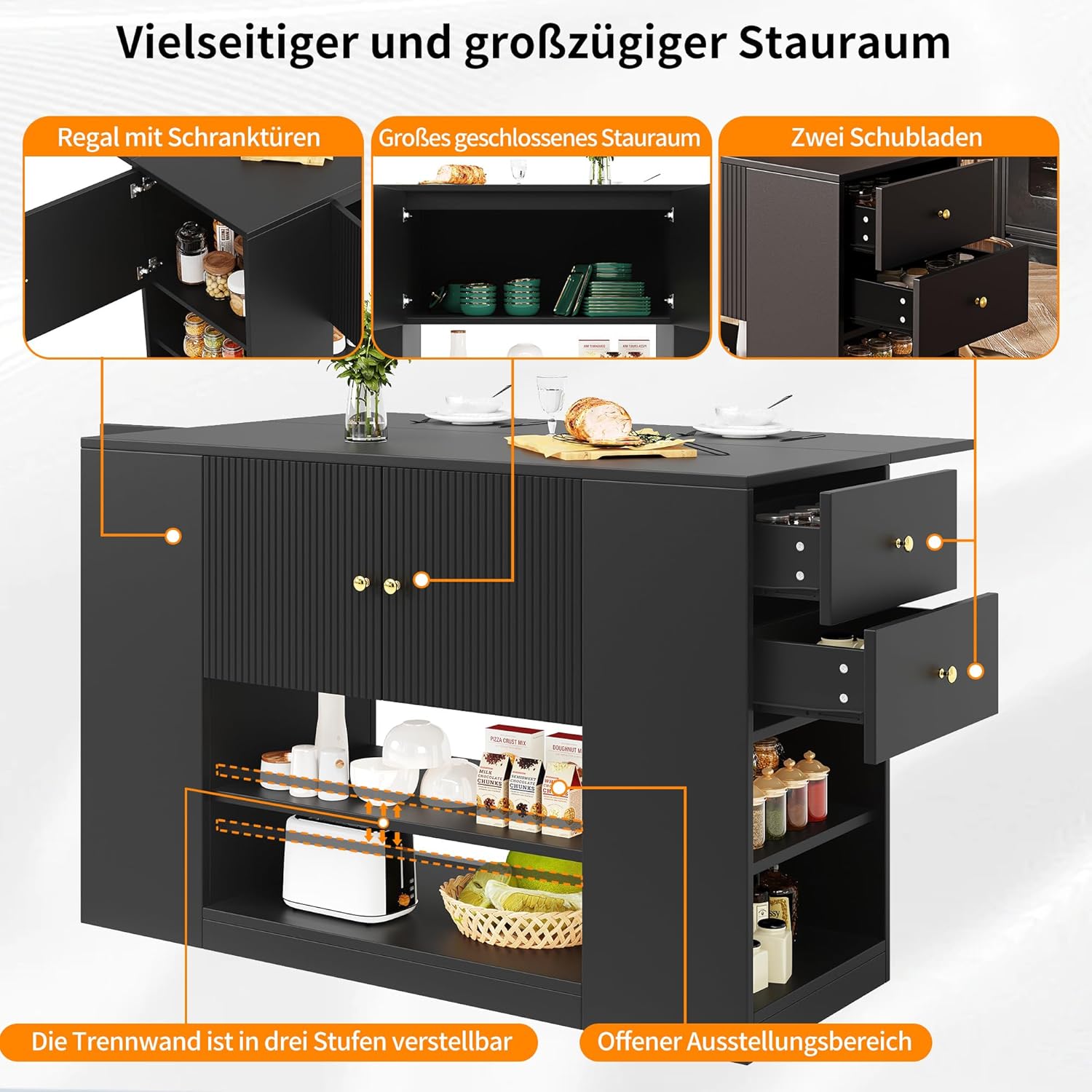 Küchenzeile mit Esstisch-Funktion, Moderne Insel mit Schubladen und Aufbewahrung, Klappbarer Küchenschrank für kleine Küchen, 140x40x90 cm,Schwarz