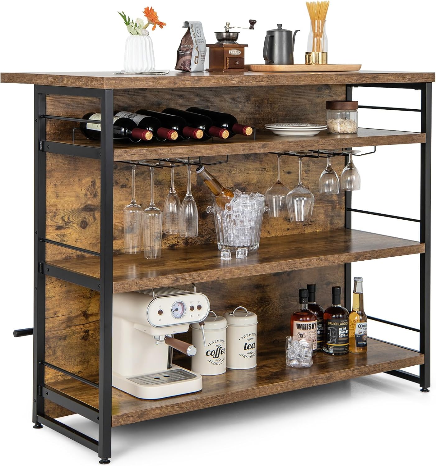 GIANTEX Hausbar Theke Bar, Barschrank mit 4 offenen Ablagen, Bartisch Küchen Tresentisch mit Weinregal & Gläserhalter, Küchenregal Küchentheke 120 x 60 x 101 cm, Küchenbar Küchentresen