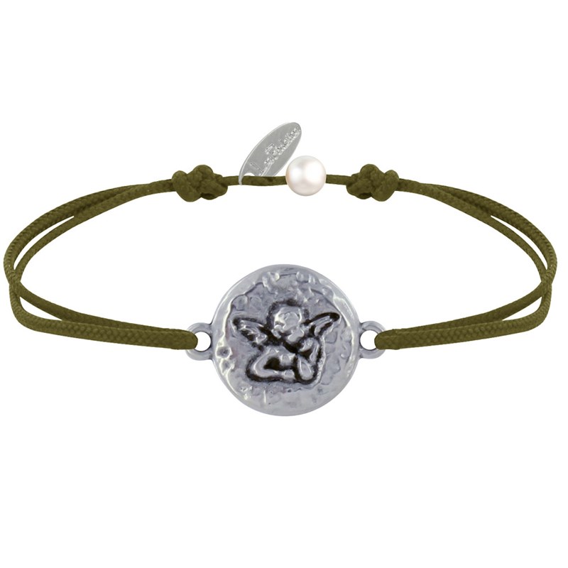 Bracelet Lien Médaille Ronde Martelée Laiton Argenté Ange Raphaël - Vert kaki