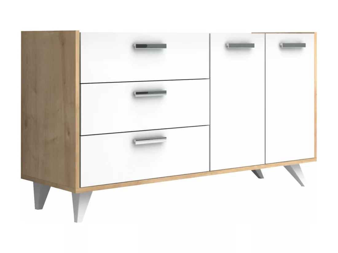 Buffet avec 2 portes et 3 tiroirs - Blanc et naturel - NAELY