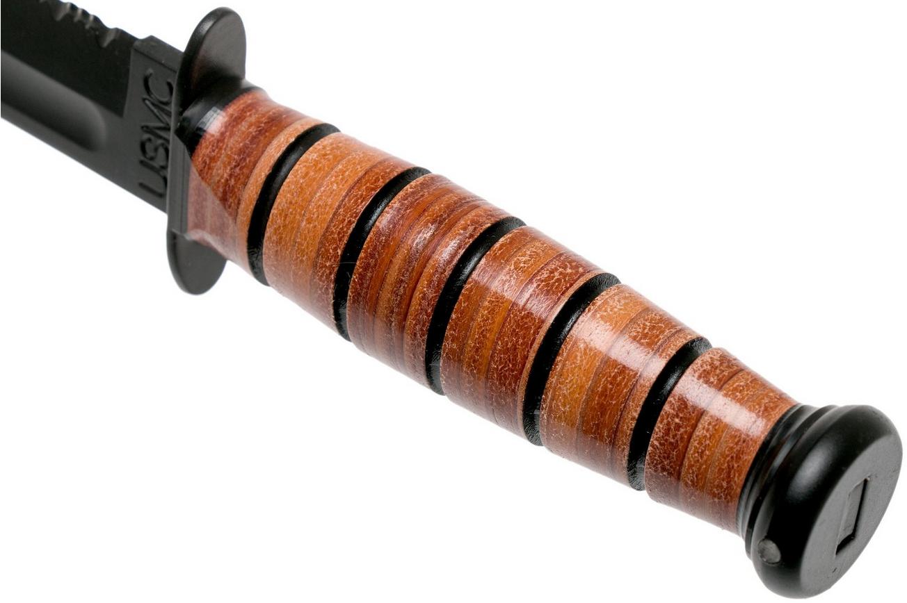 KA-BAR Short USMC 1252 deels gekarteld, vaststaand mes, lederen foedraal