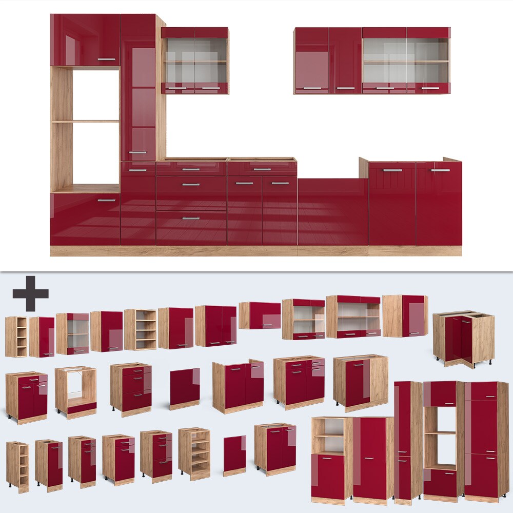Vicco Küchenzeile Küchenblock Einbauküche R-Line 350 cm Eiche Bordeaux Hochglanz Küche