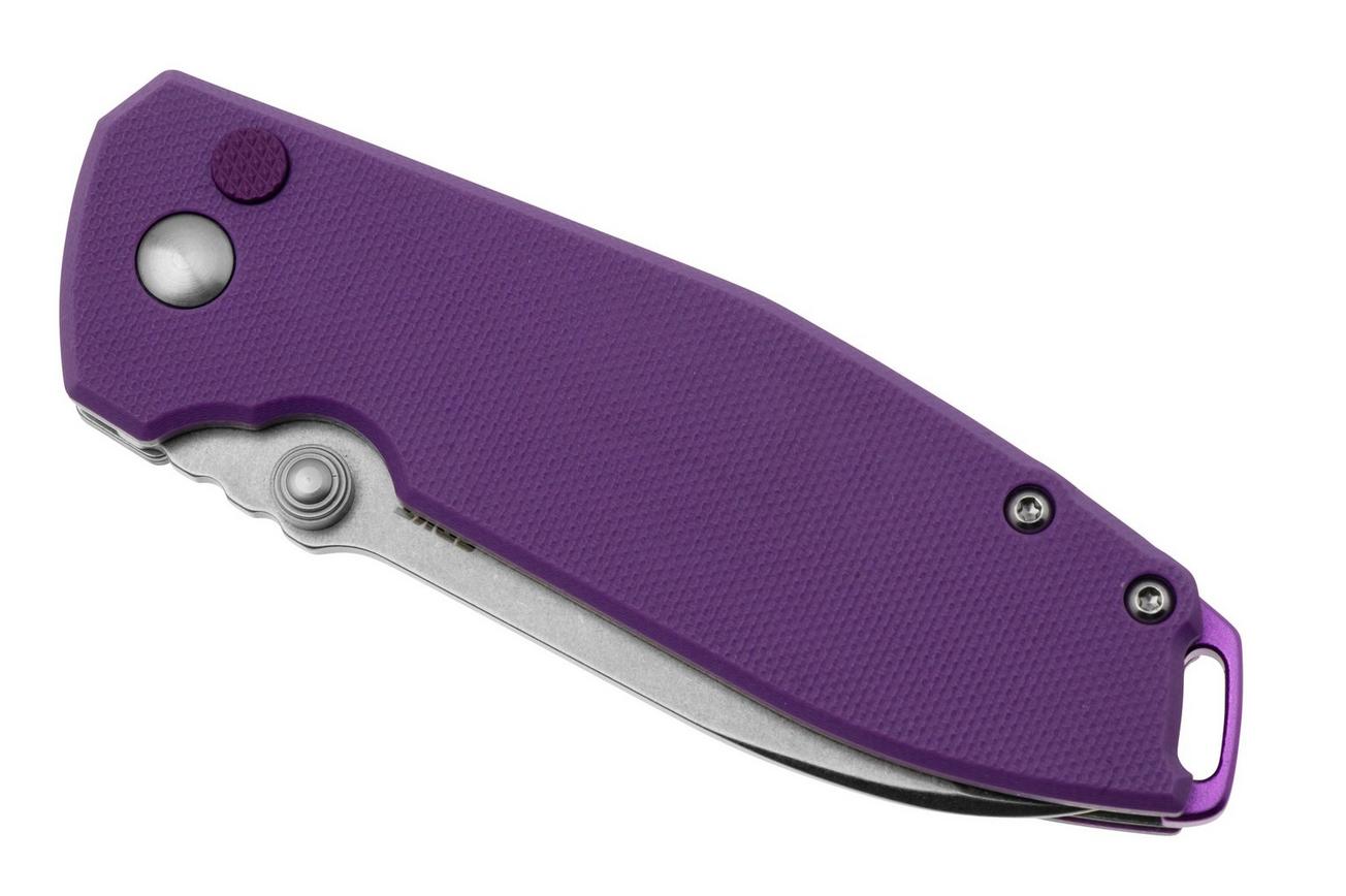 CRKT Squid XM Button Lock 2495P Stonewashed 14C28N, Violet G10, zakmes, Lucas Burnley design