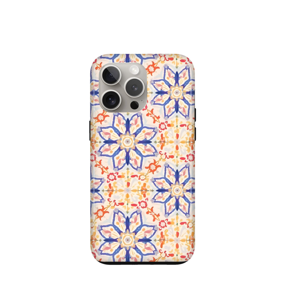 iPhone 15 Pro Max Hybrid (Kunststoff / Gummi) Hülle Majolika-Aquarellblüte - Blau / Gelb / Rot