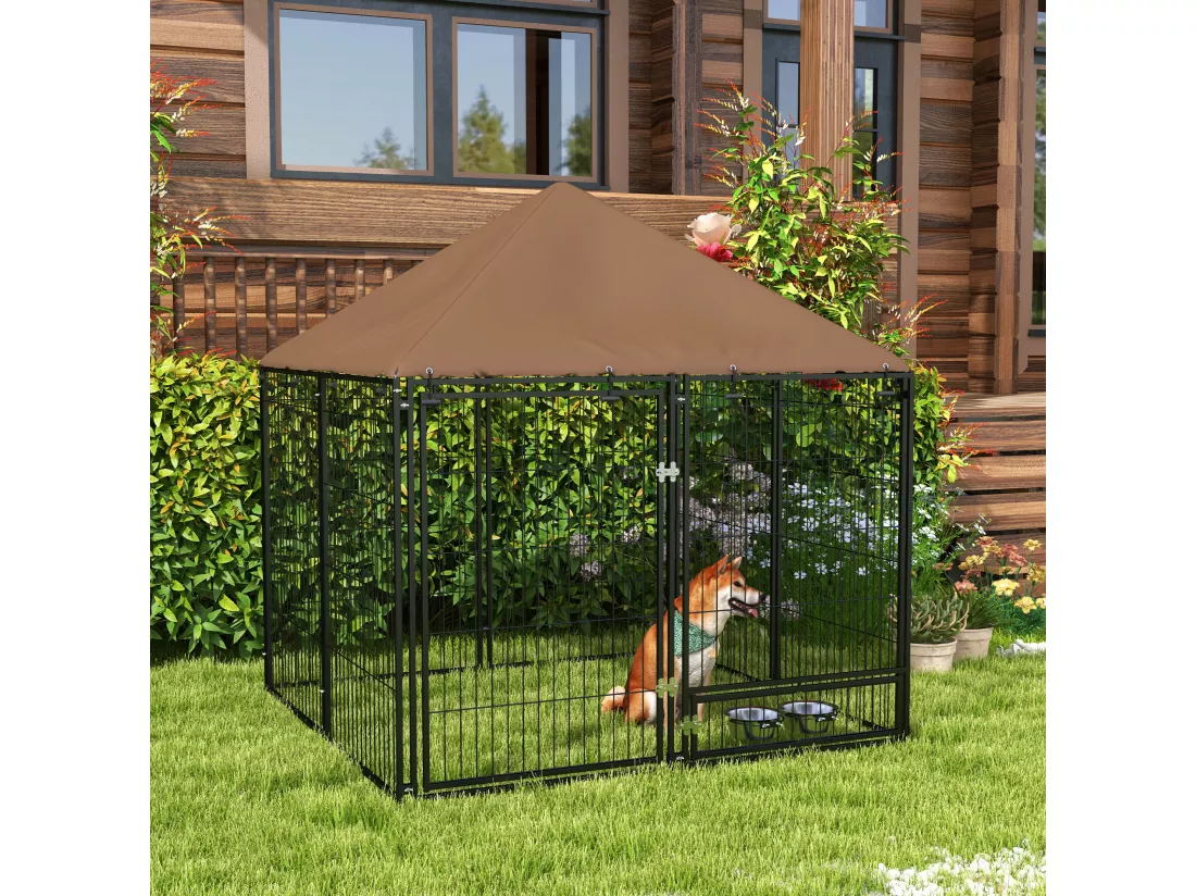 Chenil extérieur pour chiens en métal et tissu oxford avec support gamelle et toit résistant aux intempéries espace spacieux 141L x 141l x 151H cm noir