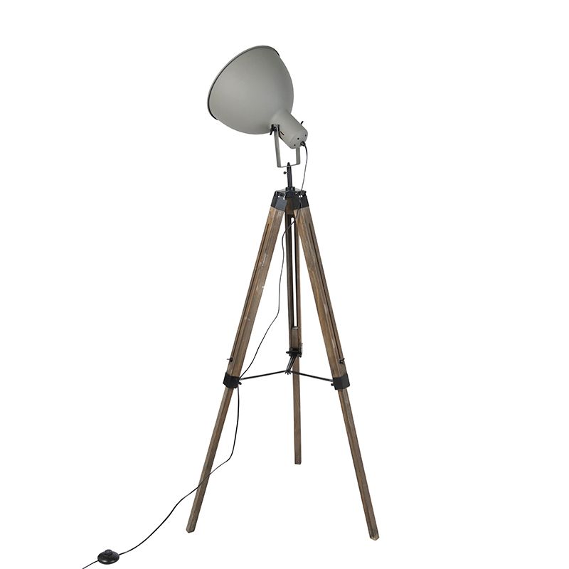 Industriële vloerlamp op houten tripod met grijze kap - Laos
