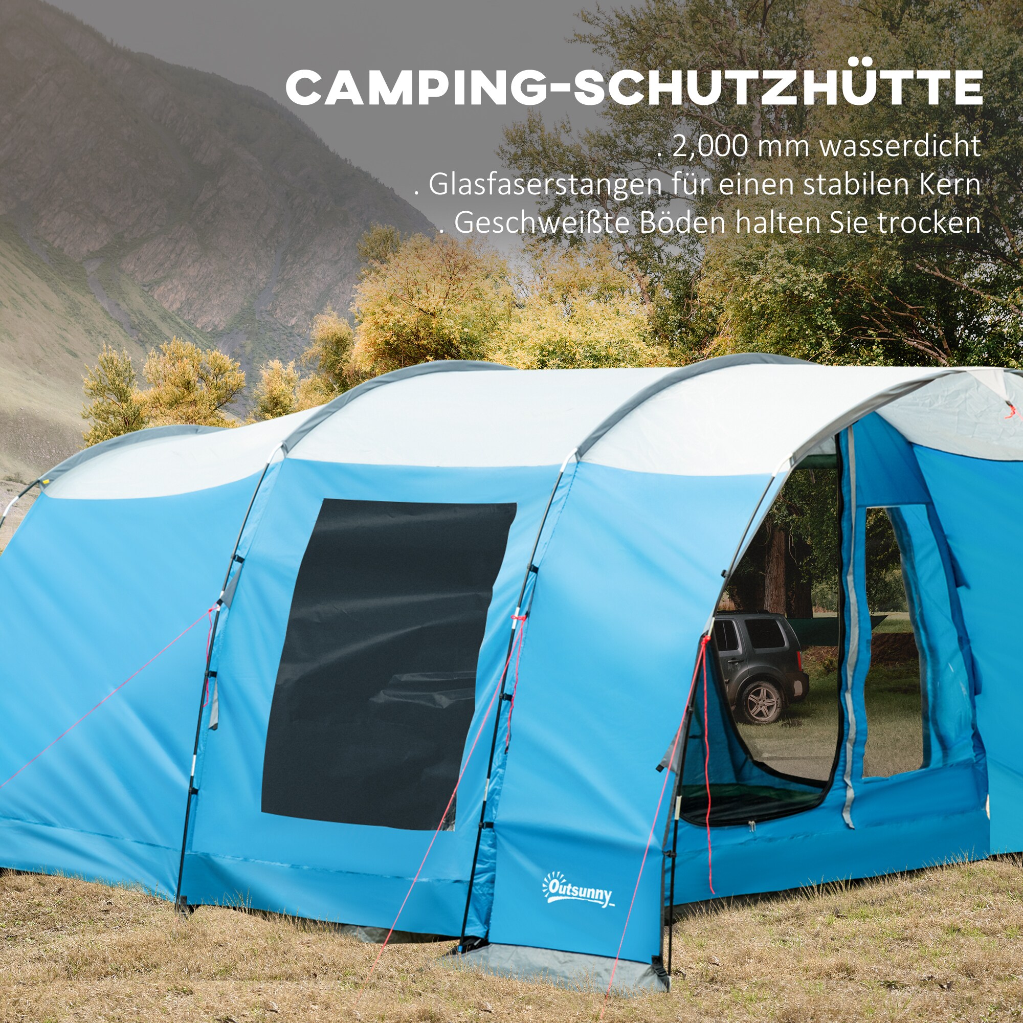 Outsunny Campingzelt mit Erdspieße, Tragetasche und Spannseilen blau 445L x 275B x 195Hcm