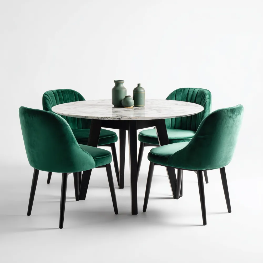 Esszimmer-Set mit rundem Marmortisch 120x120x75 cm und Samtstühlen – G