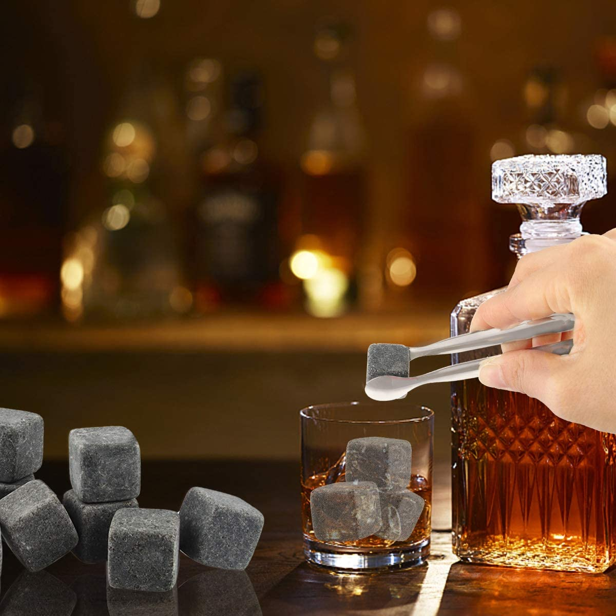 (12-tlg. Set) Edle Whisky Eiswürfel Steine mit Zange / Aufbewahrungstasche / Holzbox - Grau