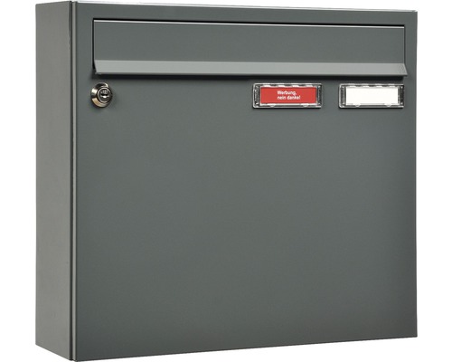MEFA brievenbus, gepoedercoat staal, BxHxD 370/330/100 mm, Sonate 132, basaltgrijs RAL 7012 structuurlak, met 2 naamplaatjes en klep