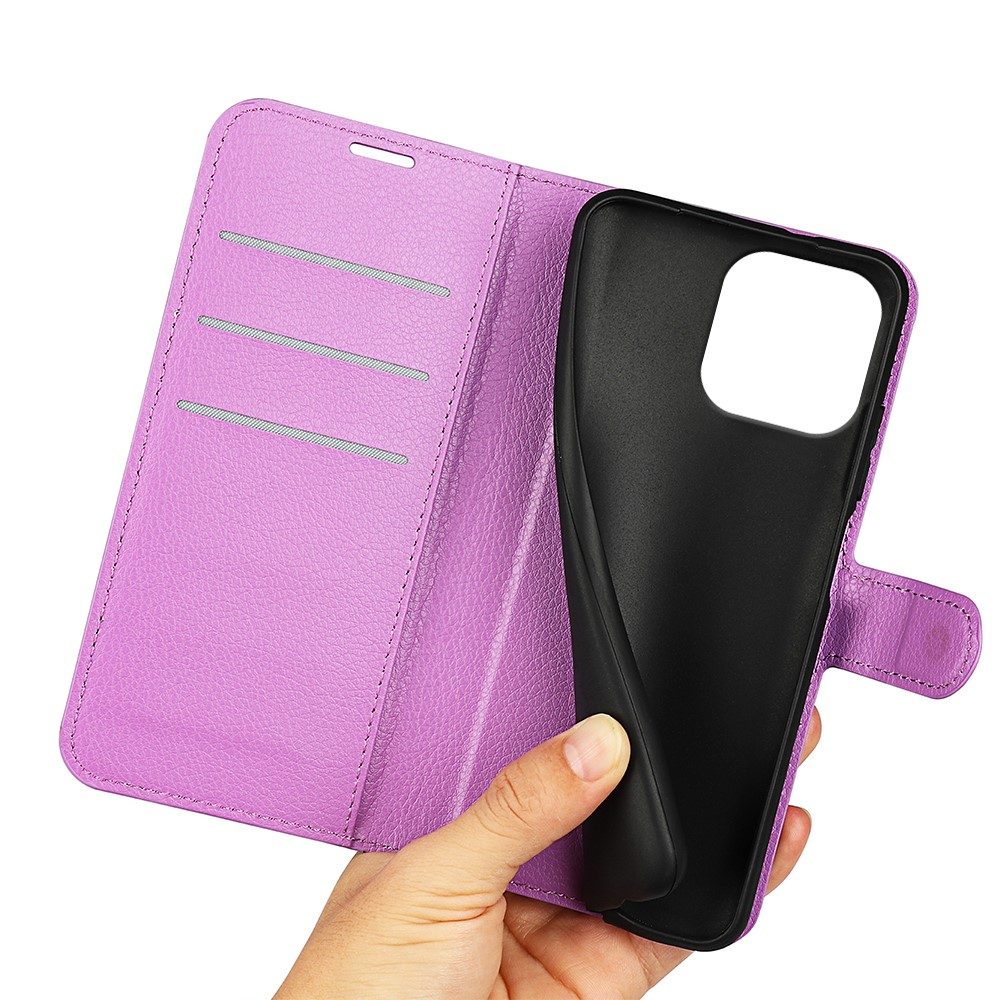 iPhone 16 Pro Leder Tasche Flip Cover Litchi Look - Lila