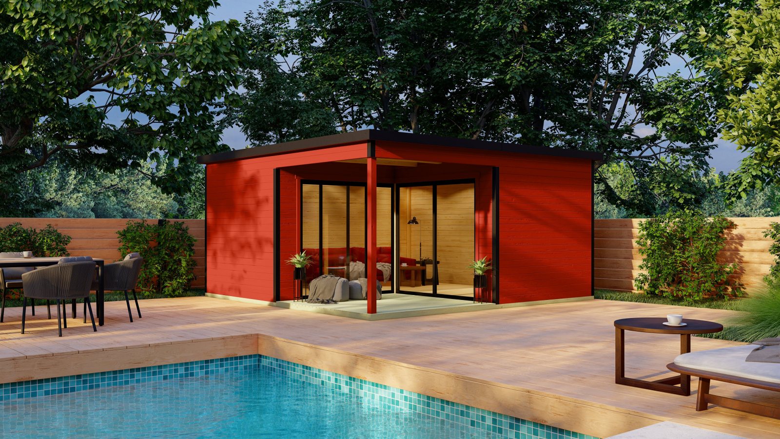 Gartenhaus DOMEO 6 LOGGIA - schwedenrot-anthrazit - Fichte massiv - 500x500 cm